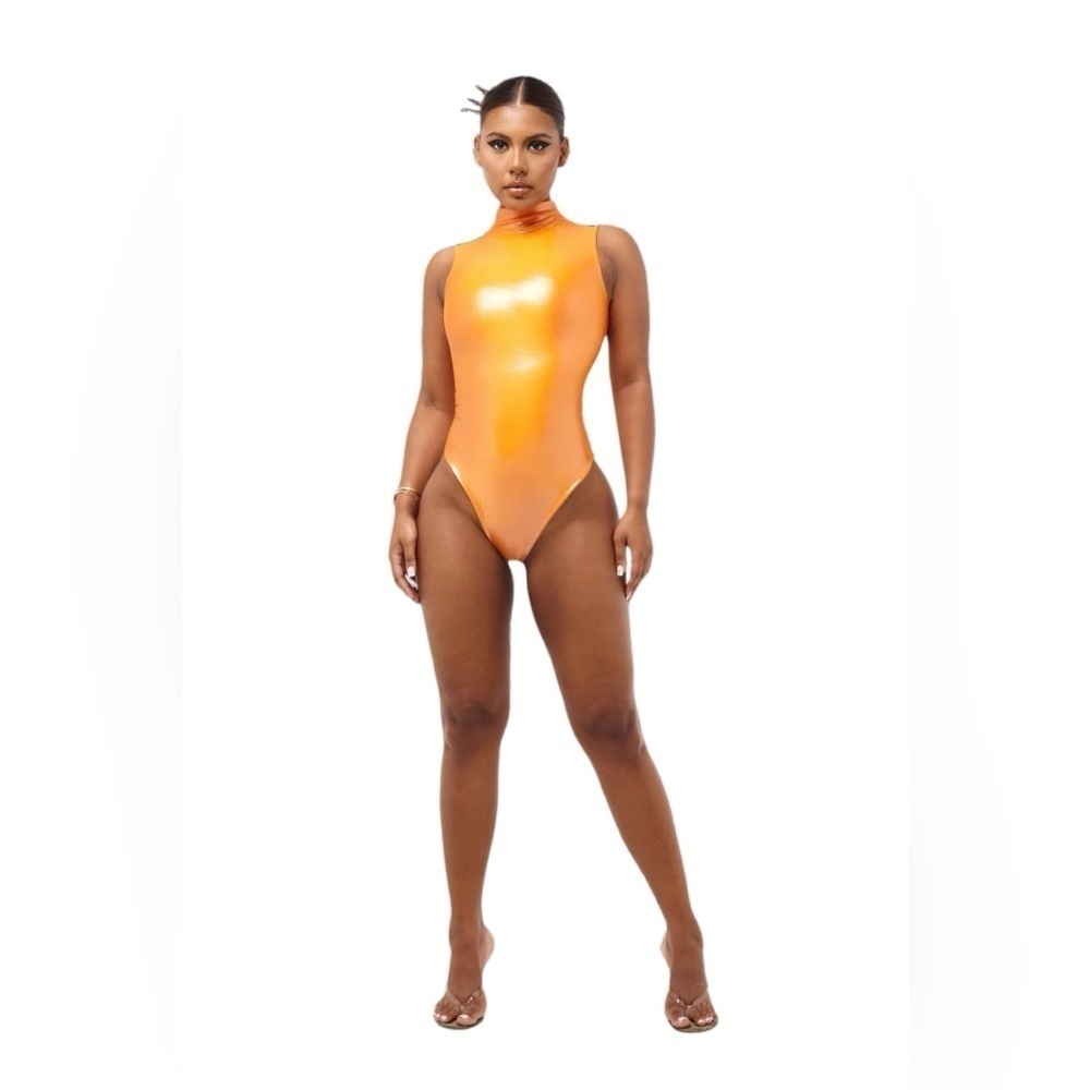 COUCOO SAA Orange High Neck Sleeveless Bodysuit Shiny Shapewear Sexy Size Small